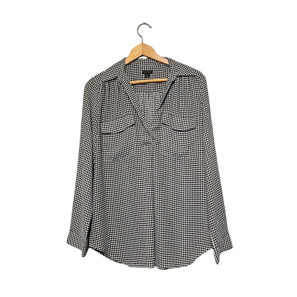 Ann Taylor Top Womens M Black White Checkered Button Down Longsleeve Business